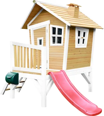 Produktbild von AXI Spielhaus Robin mit roter Rutsche | Stelzenhaus in Braun & Weiß aus Holz für Kinder | Spielturm für den Garten