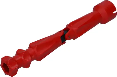 A red, multi-jointed tool with hexagonal ends, isolated on a white background.