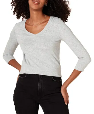 Produktbild von Amazon Essentials Damen-T-Shirt mit 3/4-Ärmeln und V-Ausschnitt (erhältlich in Übergröße), Hellgrau meliert, Größe L