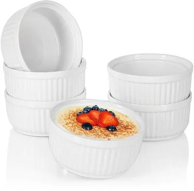 Image de Unyqoos® : Lot de 6 ramequins en céramique de 270 ml, blancs – adaptés au four et au micro-ondes, lavables au lave-vaisselle, idéaux pour les crèmes, les soufflés, les quiches