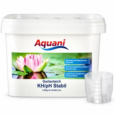 Aquani KH/pH Stabil, 2,5 kg mit Messbecher auf weißem Hintergrund, KI-generiertes Bild