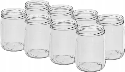 A group of empty glass jars.