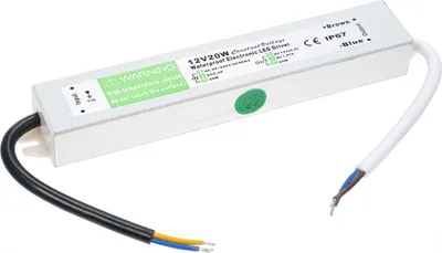 Imagen del producto de Fuente de alimentación para LED, resistente al agua (IP67), con interruptor, transformador y adaptador, que convierte corriente alterna (CA) de 90V-250V a corriente continua (CC) de 12V, con una potencia de 20W. Ideal para tiras de luces LED, cajas de luz exteriores y rótulos. Salida de bajo voltaje