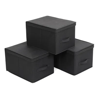 Zdjęcie produktu dla SONGMICS Zestaw 3 składanych pudełek z pokrywką Składane pudełka do przechowywania Pudełka z tkaniny 40x30x25 cm Czarne RFB03H
