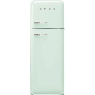 A pastel green SMEG refrigerator with chrome handles.