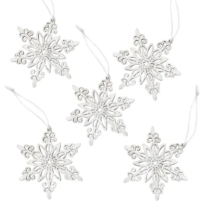 Produktbild von 5 Schneeflocken Weihnachtsbaumanhänger aus Holz weiß silber