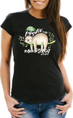 Produktbild von Damen T-Shirt Faultier Ich wurde positiv auf Müdigkeit getestet Sloth Slim Fit Fun-Shirt Moonworks® schwarz M