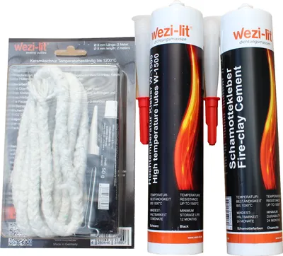 Obrázek produktu pro Kamenná šňůra Ø 6 mm 2 m + lepidlo na šňůru + těsnicí hmota W-1500 žáruvzdorná do 1500° + šamotové lepidlo 1000°