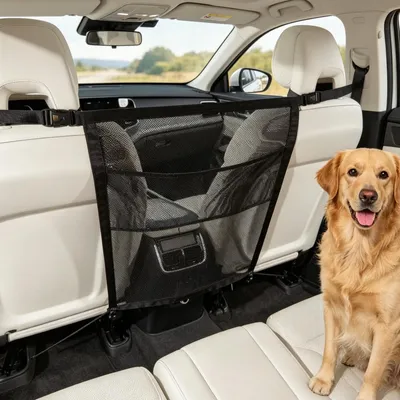 Produktbild von Hundegitter mit Aufbewahrungstasche – Sicherheitsbarriere für den Rücksitz – 69 x 57 cm