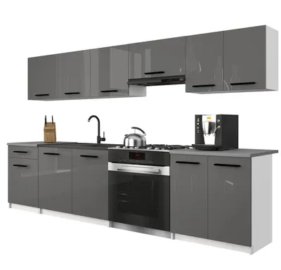 Immagine prodotto di Belini - Angolo cottura moderno ITALIA 2 - Mobili da cucina 240 cm grigio lucido - Cucina componibile con pensili, mobili base e piani di lavoro