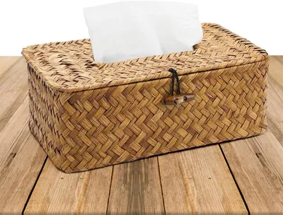Obrázek produktu pro Ručně vyrobená krabička na kapesníky z přírodního ratanu s ozdobným víkem do domácnosti, kanceláře nebo koupelny, 23 x 13 x 9 cm
