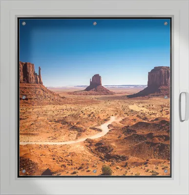 Produktbild von Wallario Lichtschutzbild, Dekorativer Sichtschutz Sonnenschutz 96 x 93 cm mit Motiv: Monument Valley unter blauem Himmel - Verdunklung ohne Bohren