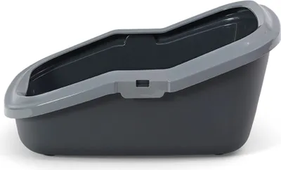A dark gray litter box with a light gray rim, shown from a side angle on a white background.
