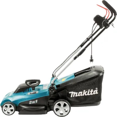 A teal and black electric lawnmower with a black grass catcher bag, shown from a side angle against a white background.