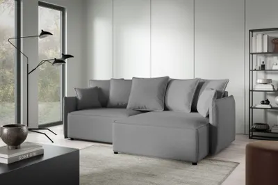 Produktbild von 3 Sitzer Ecksofa in L-Form ANTONIO MINI ABRIAMO, Ottomane rechts/links, Schlaffunktion & Bettkästen, Eckarniutur in Bouclé-Optic Dunkelgrau