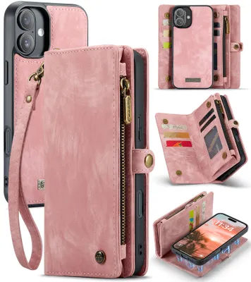 A collage of images showing a pink iPhone wallet case from different angles and perspectives.