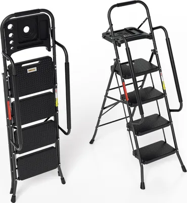 Produktbild von Aopunly klappbar Trittleiter Leiter 4-Stufen Anti-Rutsch-Pedal Tritt-Leiter Klapptritt Tritthocker Klappleiter bis 150kg Abnehmbare Armlehnen Stahl