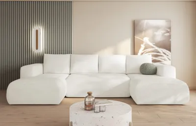 Produktbild von Easy4You Lambi Weiß Ecksofa U-Form 338 x 89 x 164 cm mit Schlaffunktion und Stauraum - Schlafsofa mit Bettkasten - Moderne Wohnzimmermöbel – Stoff: Boucle 01