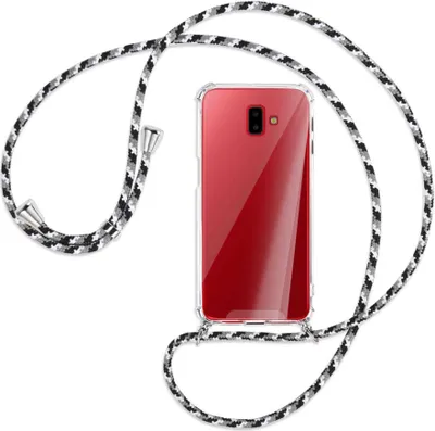 Produktbild von Handykette Backcover-Schutzhülle mit Band (Metall silberfarben) für Samsung Galaxy J6 Plus - schwarz/grau/weiß
