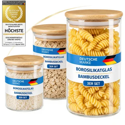 Produktbild von Dimono Vorratsglas 3er Set aus Borosilikatglas mit Bambusdeckel - Luftdichte Vorratsdosen rund für die Küche - 9cm Ø, Höhen: 10/15/20 cm
