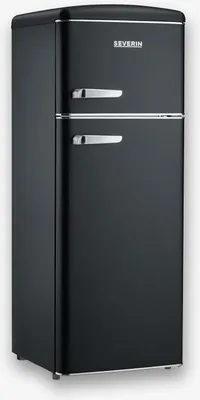 A black retro-style refrigerator with a freezer compartment on top.