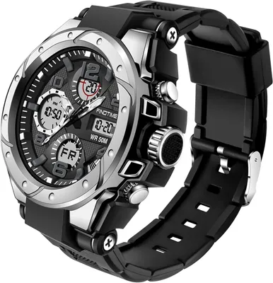 Produktbild von Herren Militär Sportuhr Analog Digital 5ATM Wasserdicht mit Dualzeit, Stoppuhr, Wecker, Kalender, LED Display Silber Schwarz