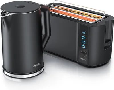 Produktbild von Arendo 2-teiliges Frühstücks-Set, Edelstahl Wasserkocher ELEGANT 1,5l, 4-Scheiben Langschlitztoaster, Schwarz