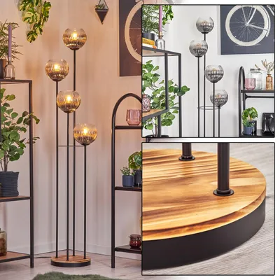 Produktbild von Fossobiubo Stehlampe aus Metall/Holz/Riffelglas in Schwarz/Natur/Rauch/Klar