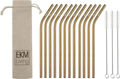 Image de EKM Living Edelstahl Strohhalme 12er Set Kupfer gebogen GmbH, Trinkhalme, bruchfest, wiederverwendbar, spülmaschinengeeignet, plastikfrei (Kupfer gebogen, 12)
