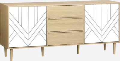 A wooden sideboard with white doors featuring a geometric pattern, shown against a white background.
