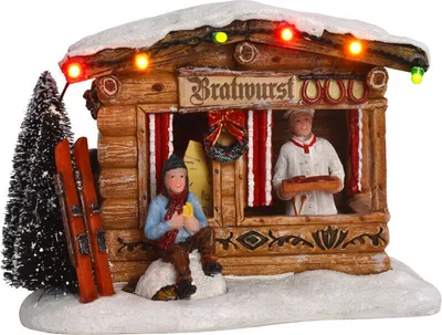Produktbild von LuVille Weihnachtsdorf-Miniatur Marktstand mit Bratwurst - L14 x B11 x H10 cm