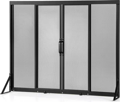 A black metal fireplace screen with four mesh panels and double doors.