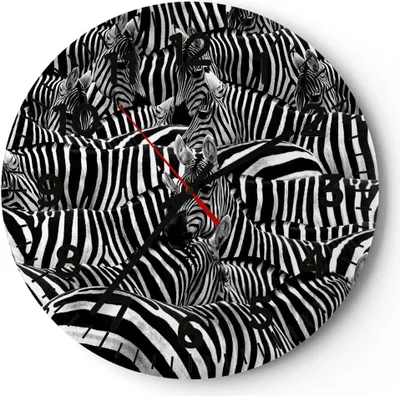Produktbild von Wanduhr - Rund - Glasuhr - Tiere Zebra Streifen - 30x30cm - Schleichendes Uhrwerk - Lautlos - zum Aufhängen bereit - Dekoration Modern - Wanddekoration aus Glas - C4AR30x30-0340