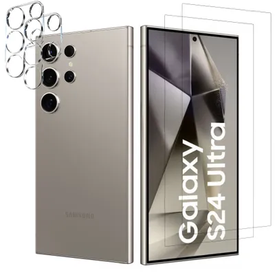 A product shot showing a smartphone and its accessories, likely screen protectors and camera lens protectors.
