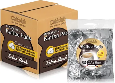 A cardboard box and a plastic bag of coffee pads are shown.
