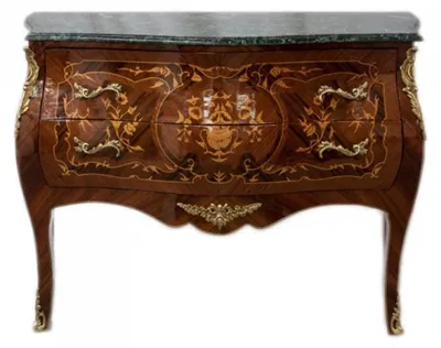Image de Commode Casa Padrino de style baroque, en bois de noyer brun avec incrustations et plateau en marbre, dimensions : 100 x 85 x 45 cm