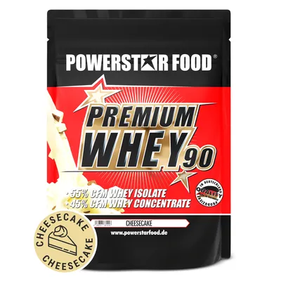 Produktbild von Powerstar PREMIUM WHEY 90 | 90% Protein i.Tr. | Whey-Protein-Pulver 850 g | 55% CFM Whey Isolat & 45% CFM Konzentrat | Eiweiß-Pulver Cheesecake