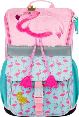 A pink flamingo backpack with a fluffy flamingo applique and a crown on its head.