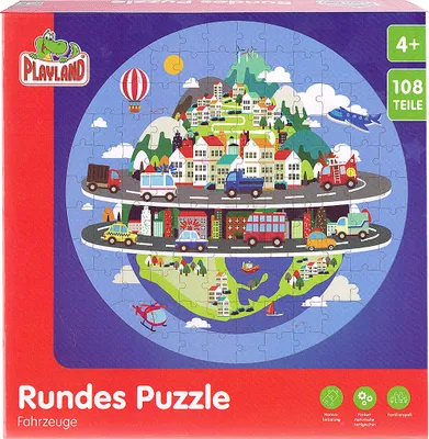 Produktbild von Playland Rundes Puzzle, Extra Große Puzzleteile,108 Teile Fahrzeuge