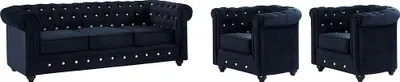 Produktbild von CHESTERFIELD 3-Sitzer Sofa und 2 Sessel - Velours in Schwarz und Kristallknöpfen