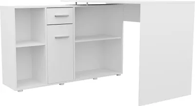 Produktbild von FMD furniture 353-001 Schreibtisch-Winkelkombination in Ausführung Weiß, Maße Tisch ca. 136 x 74,5 x 67 cm / Maße Regal ca. 136 x 70,5 x 33 cm (BxHxT)
