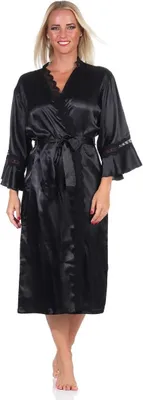 Produktbild von Damen Kimono Morgenmantel Nachtmantel Satinrobe mit Spitze; Schwarz/XL/42