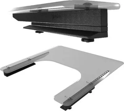 Two parts of a medical tray are shown against a white background. The top part is a black rectangular base with a transparent tray on top. The bottom part is a transparent U-shaped tray with black supports.