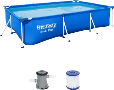 A blue rectangular frame pool with a filter pump and filter cartridge shown below.