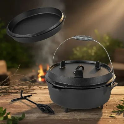Immagine prodotto di 9 QT Dutch Oven Fire Kettle + Lid Lifter Cast Iron Kettle Roaster Camping BBQ