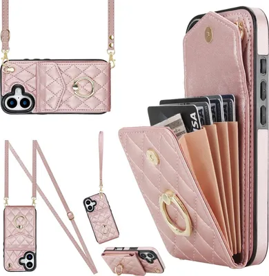 Immagine prodotto di Custodia crossbody in ecopelle per Apple iPhone 17 con motivo a rombi e portacarte RFID Oro rosa