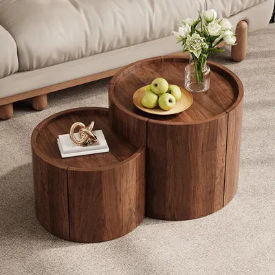 Produktbild von MODFU Runder Couchtische, Wohnzimmertisch mit Schubladen und geschwungenen Türen, moderner Sofatisch mit abgerundetem Design, Kaffeetisch Walnuss