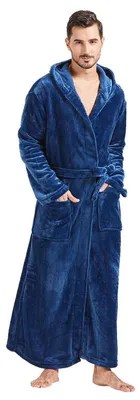 Produktbild von Herren Kapuzenplüschbademantel lang 7XL Marineblau Polyester