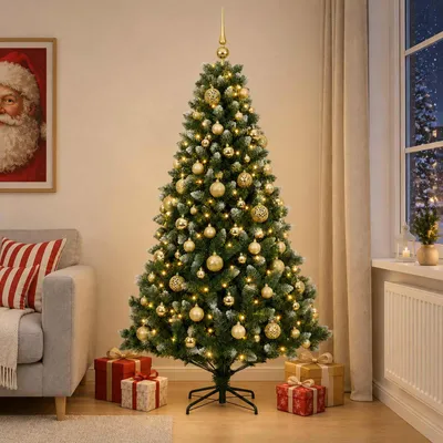 Zdjęcie produktu dla Sztuczne drzewko świąteczne z ozdobami, wysokość 180 cm, 300 diod LED