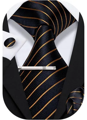 Produktbild von Herren Krawatten Set Seide Paisley Florales Design mit Einstecktuch Manschettenknöpfen Krawattenklammer Schwarz Orange